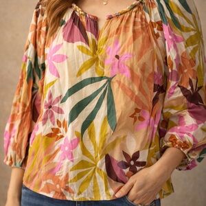Velvet Floral Blouse in Pink, Orange, and Green